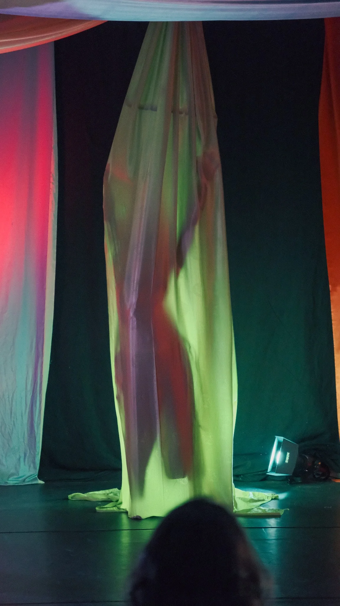 Colorful stage performance behind translucent fabric