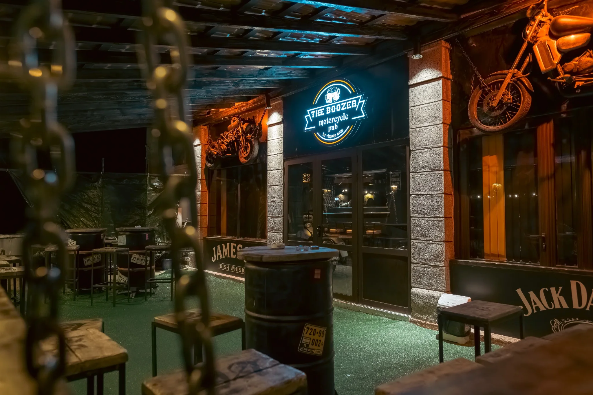 Night exterior of The Boozer Motorcycle Pub