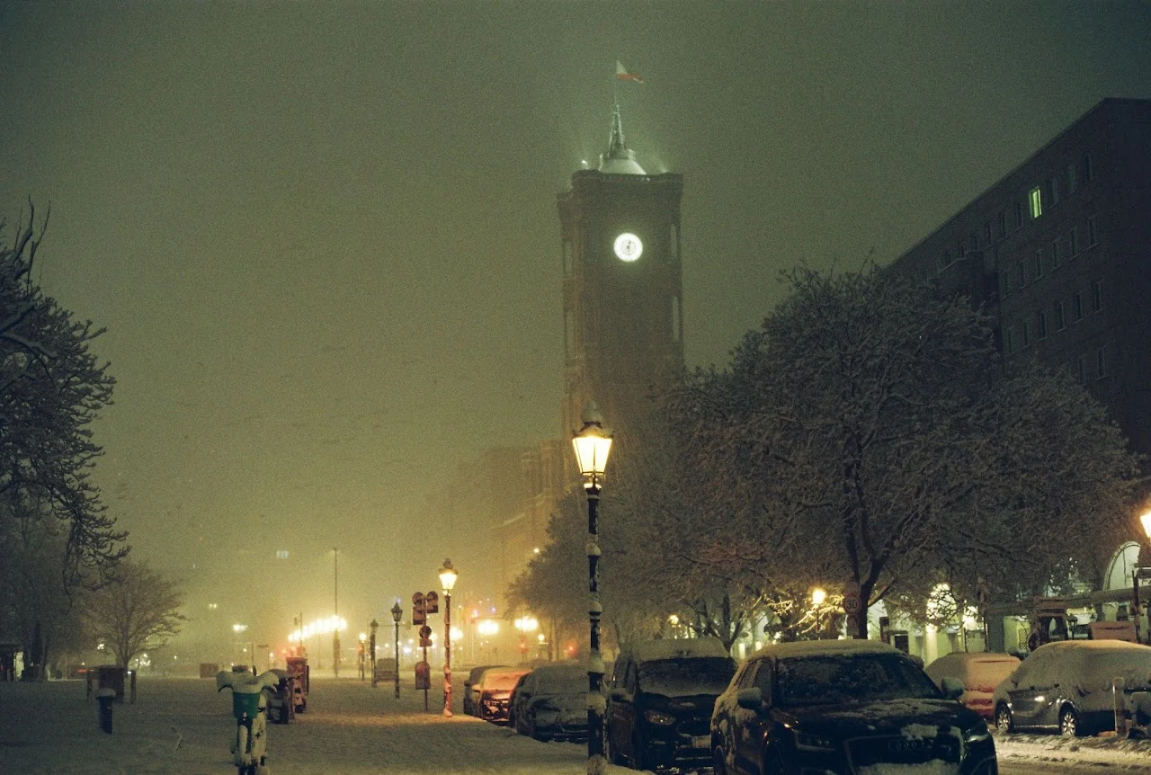 Snowy Berlin street at night photographed on analog film