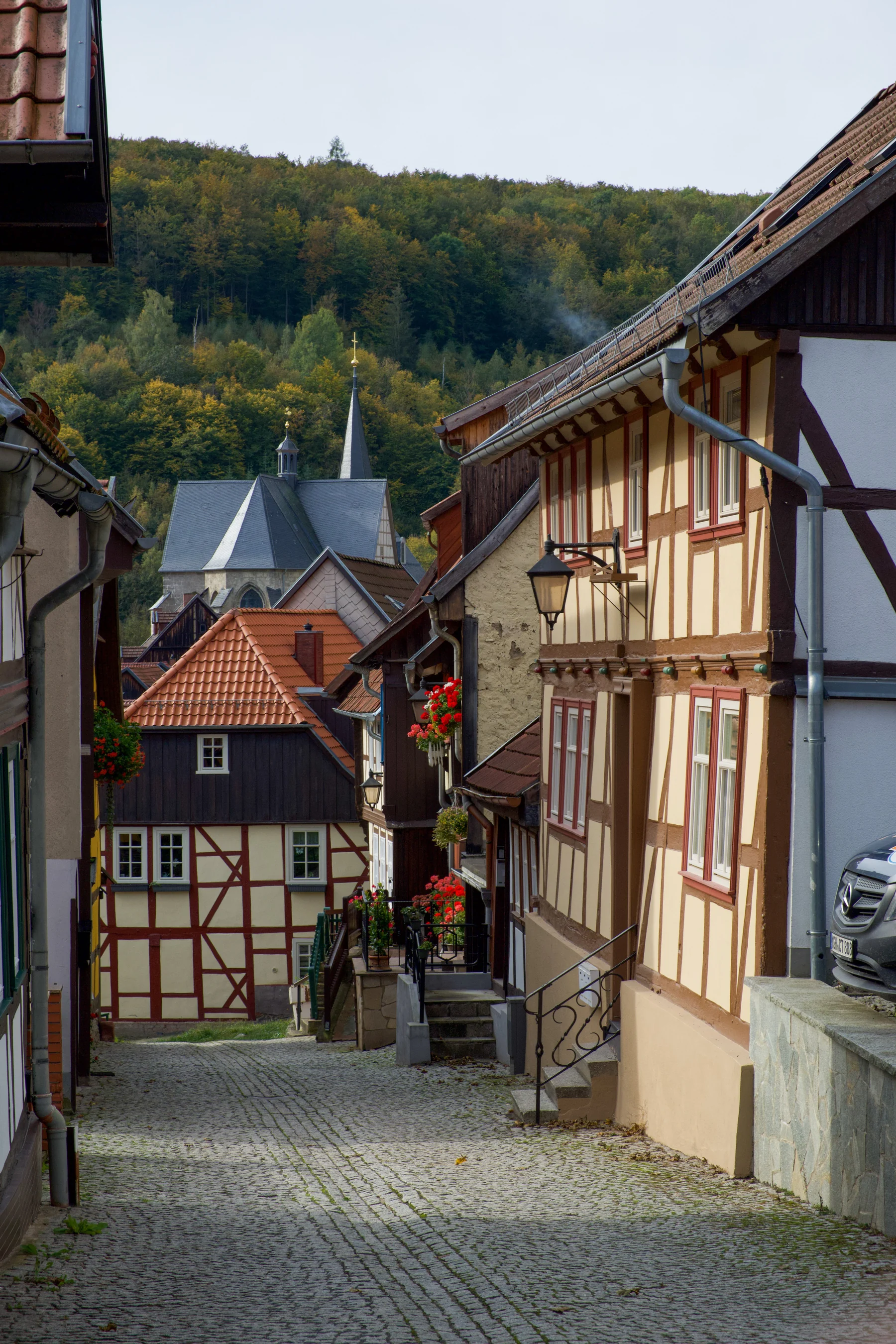Historic half-timbered houses along a quiet street in Stolberg